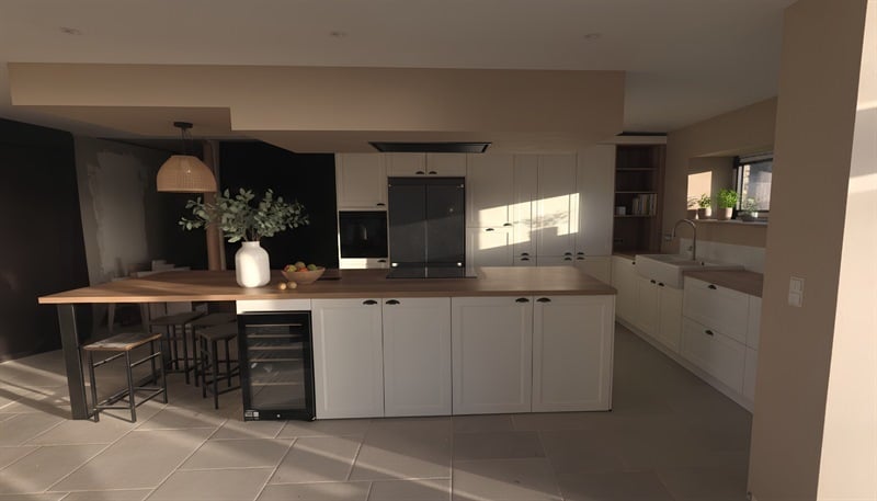 Cuisine ouverte de style campagne bois et blanc à Lincent | Raison Home - 1