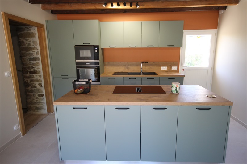 Cuisine ouverte de style moderne bois et vert à Besne | Raison Home - 1