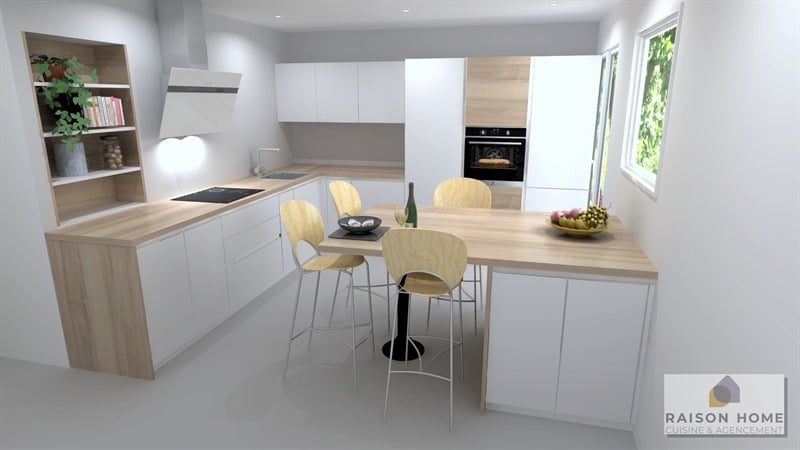 Cuisine ouverte bois et blanc à Pornichet | Raison Home - 2