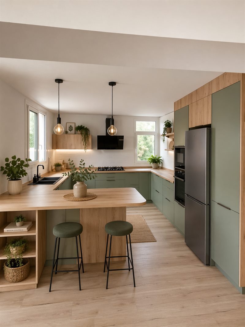 Cuisine ouverte de style nature vert à Saint-Joseph | Raison Home - 1